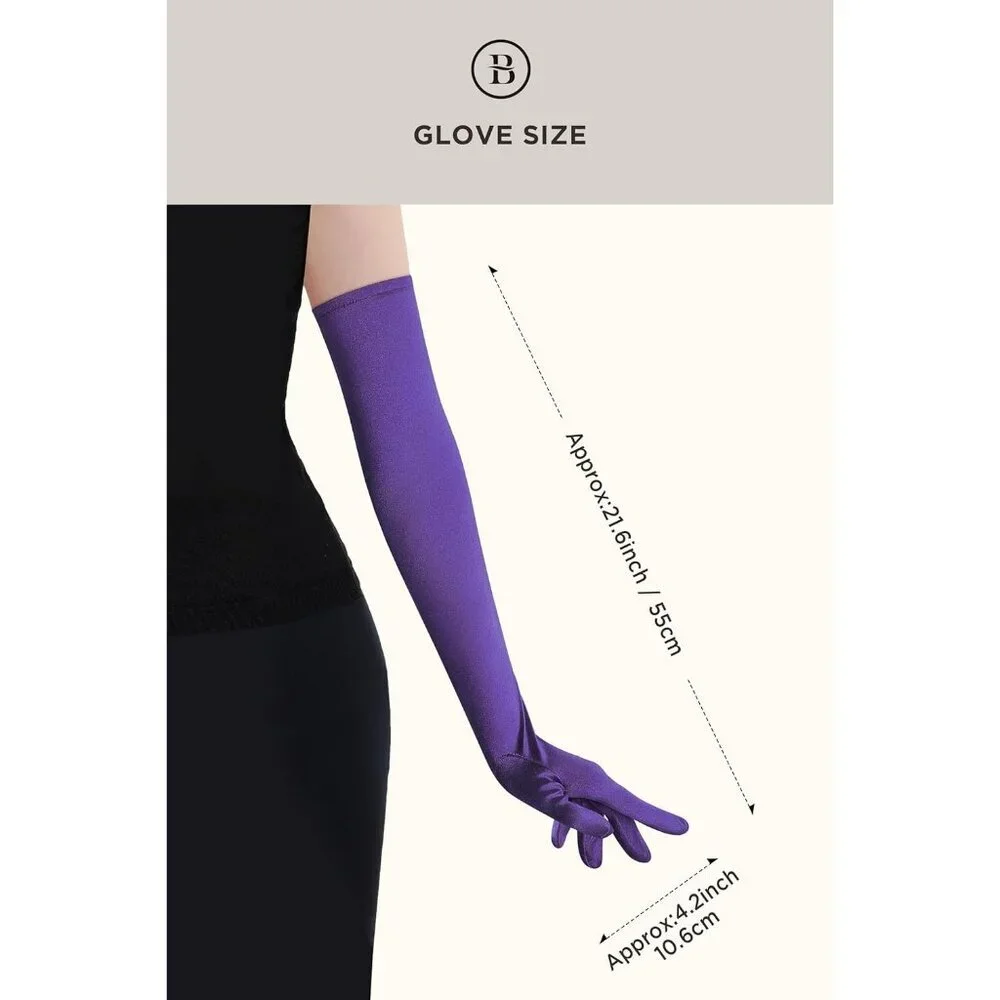 Women's Purple Vintage Satin Long Gloves Party Costume Stretchy Elbow Length